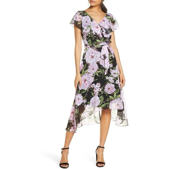 Julia Jordan Black with Pink Floral Print Chiffon Flutter Sleeve Dress - Picture 1 of 15